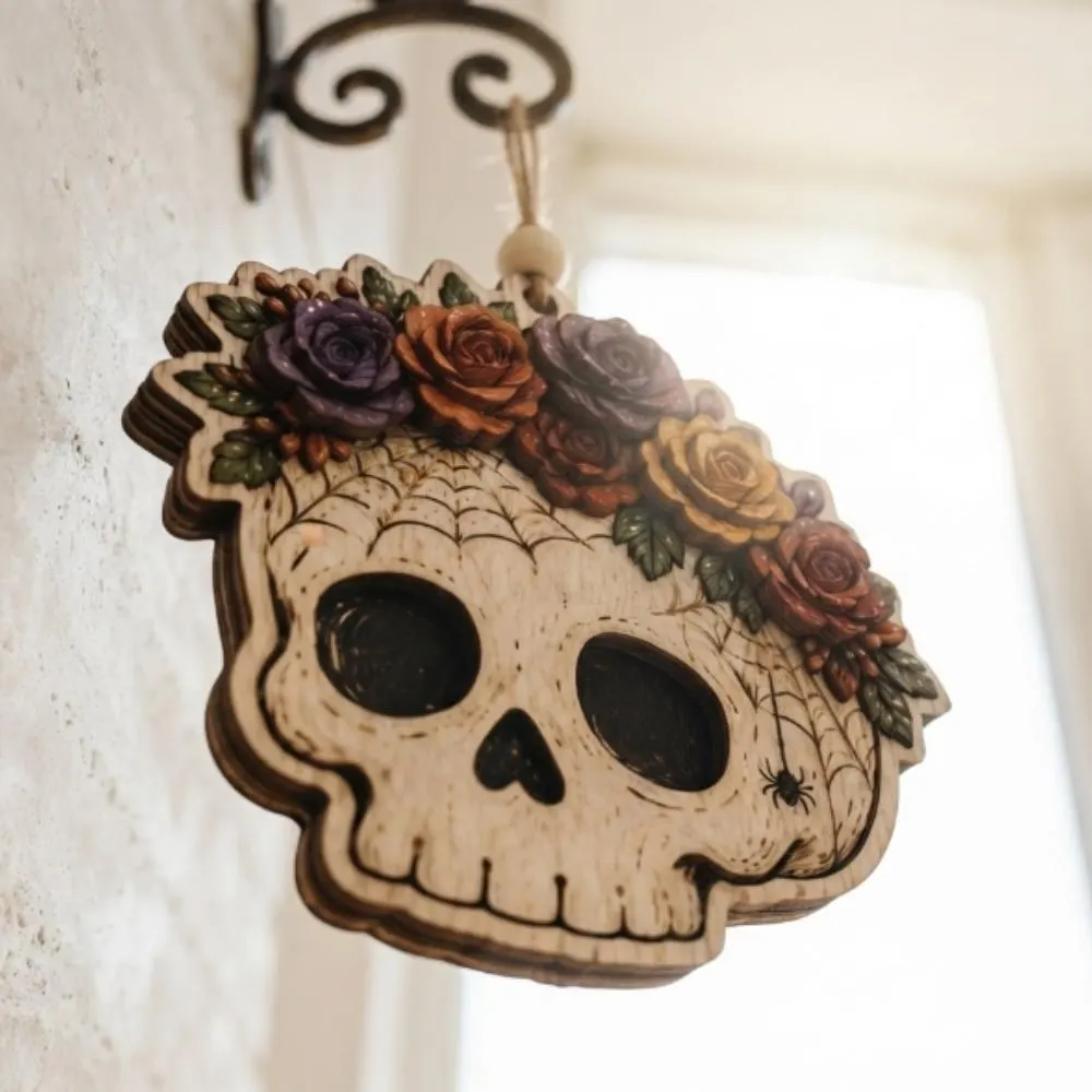 Wooden Floral Skull Ornament, Halloween Wall Hanging Decor, Gothic Rose Flower Crown, Spooky Aesthetic Gift YB1603 - Media 3