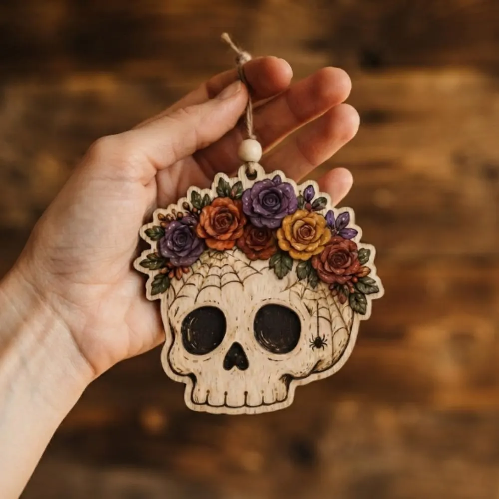Wooden Floral Skull Ornament, Halloween Wall Hanging Decor, Gothic Rose Flower Crown, Spooky Aesthetic Gift YB1603 - Media 4