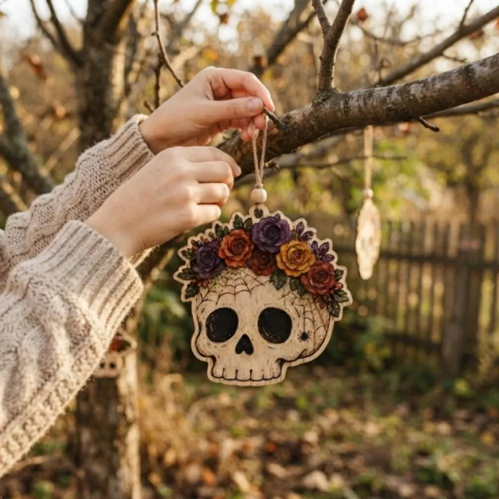 Wooden Floral Skull Ornament, Halloween Wall Hanging Decor, Gothic Rose Flower Crown, Spooky Aesthetic Gift YB1603 - Media 5