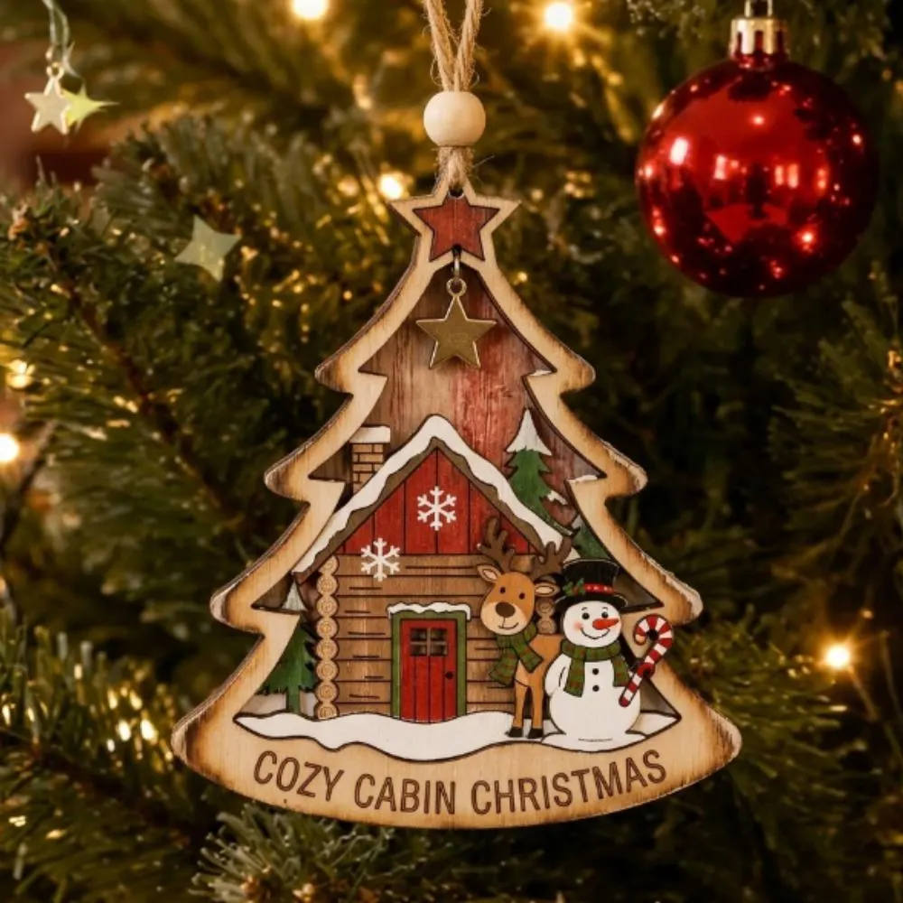 Personalized Cozy Cabin Christmas Tree Ornament, Custom Family Name Wooden Holiday Decor, Layered Wood Reindeer and Snowman Keepsake YB1603