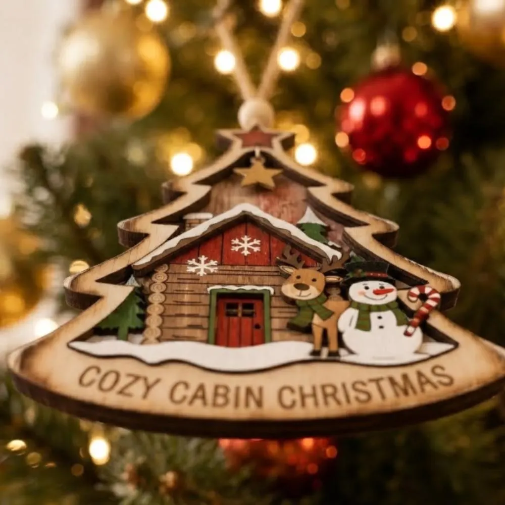 Personalized Cozy Cabin Christmas Tree Ornament, Custom Family Name Wooden Holiday Decor, Layered Wood Reindeer and Snowman Keepsake YB1603 - Media 2