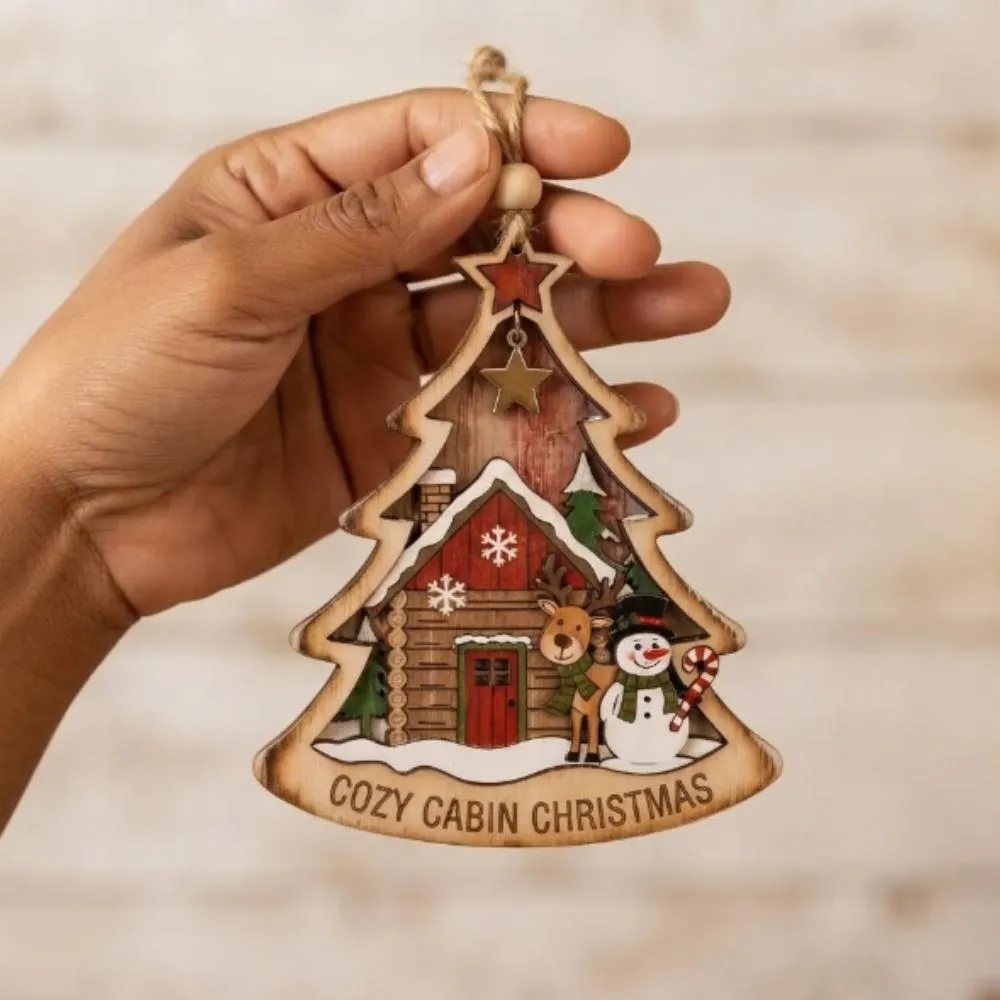 Personalized Cozy Cabin Christmas Tree Ornament, Custom Family Name Wooden Holiday Decor, Layered Wood Reindeer and Snowman Keepsake YB1603 - Media 3
