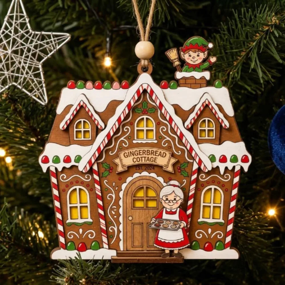 Personalized Gingerbread House Ornament, Custom Family Name Christmas Decor, Mrs Claus Kitchen Gift, Layered Wooden Holiday Keepsake YB1603