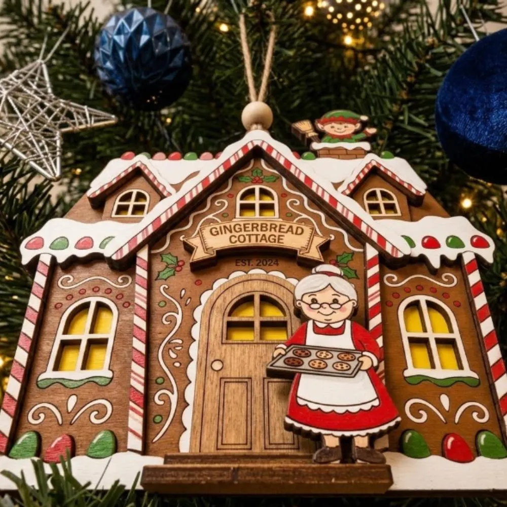 Personalized Gingerbread House Ornament, Custom Family Name Christmas Decor, Mrs Claus Kitchen Gift, Layered Wooden Holiday Keepsake YB1603 - Media 2