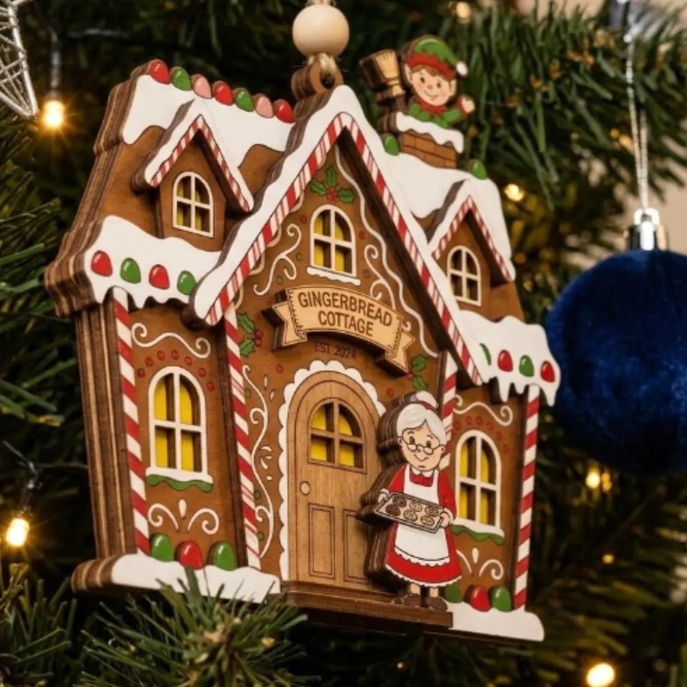 Personalized Gingerbread House Ornament, Custom Family Name Christmas Decor, Mrs Claus Kitchen Gift, Layered Wooden Holiday Keepsake YB1603 - Media 3