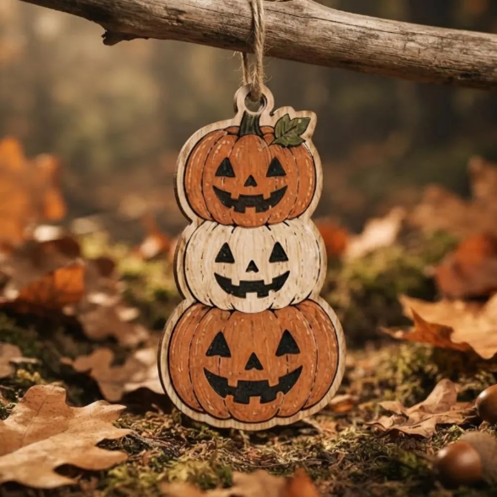 Halloween Pumpkin Stack Ornament, Jack O Lantern Wood Decor, Rustic Farmhouse Autumn Decoration, Laser Engraved Halloween Gift Tag YB1603