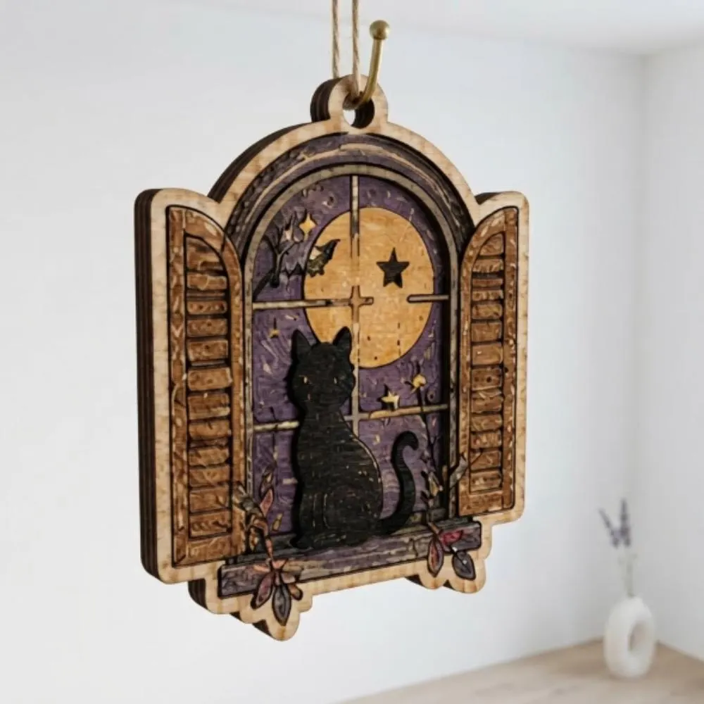 Black Cat Window Wood Ornament, Halloween Spooky Moon Decor, Layered Laser Cut Wooden Hanging, Gift for Cat Lovers YB1603