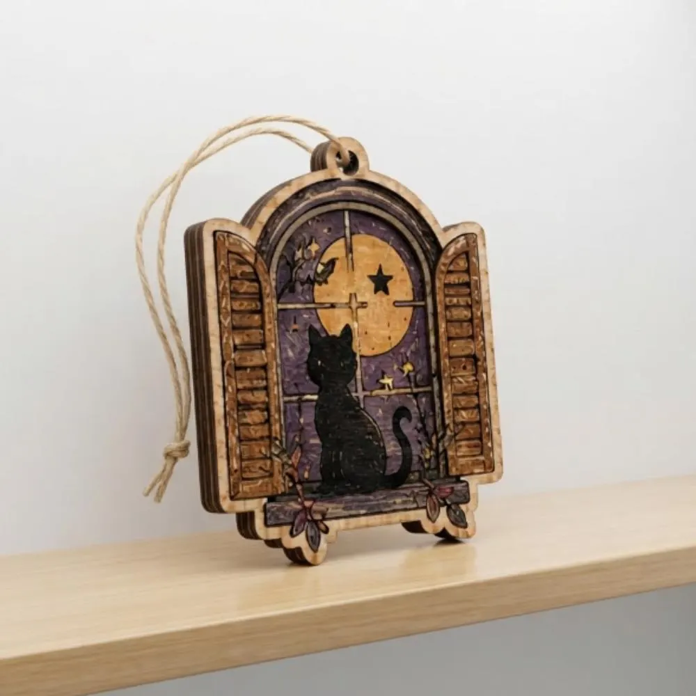 Black Cat Window Wood Ornament, Halloween Spooky Moon Decor, Layered Laser Cut Wooden Hanging, Gift for Cat Lovers YB1603 - Media 2