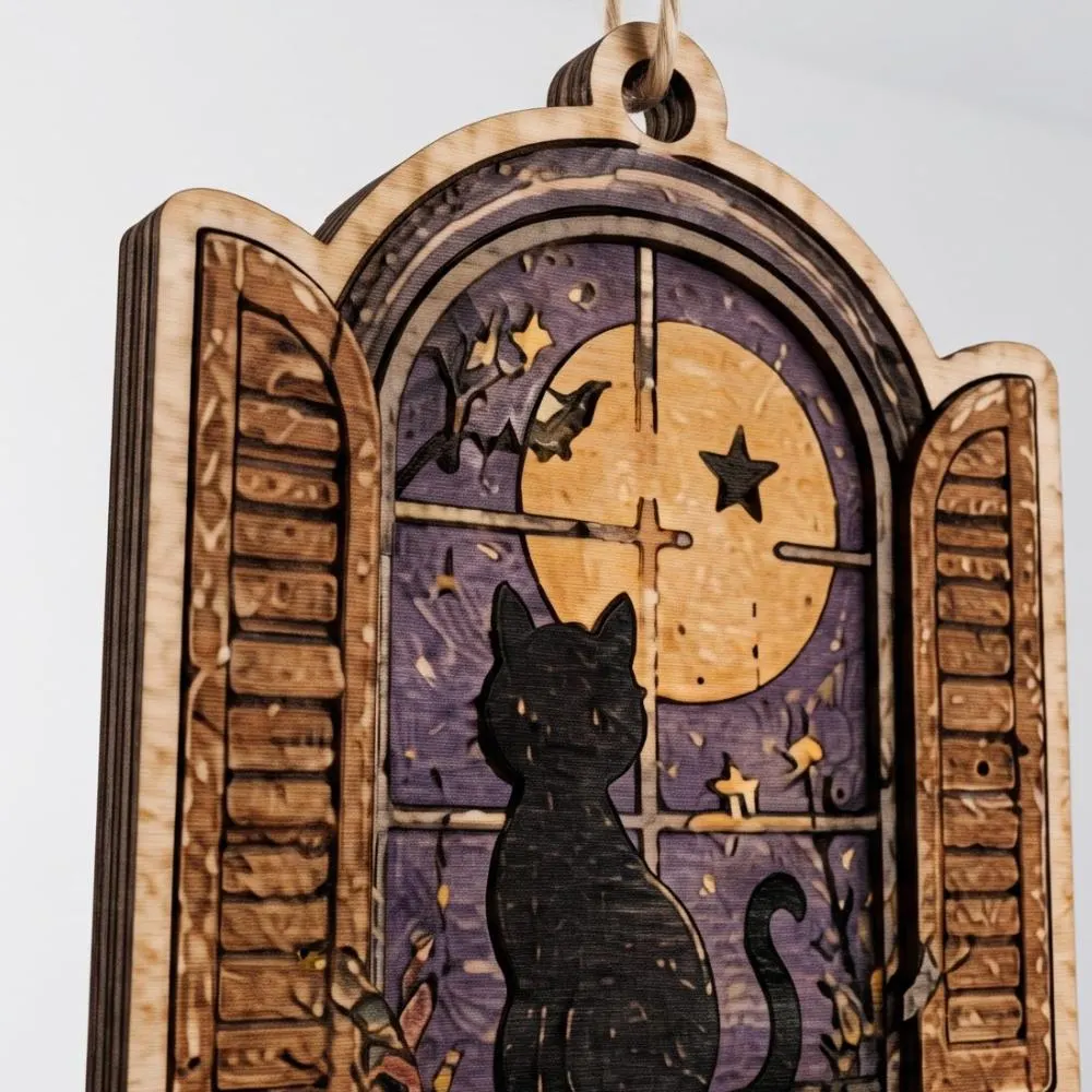 Black Cat Window Wood Ornament, Halloween Spooky Moon Decor, Layered Laser Cut Wooden Hanging, Gift for Cat Lovers YB1603 - Media 3