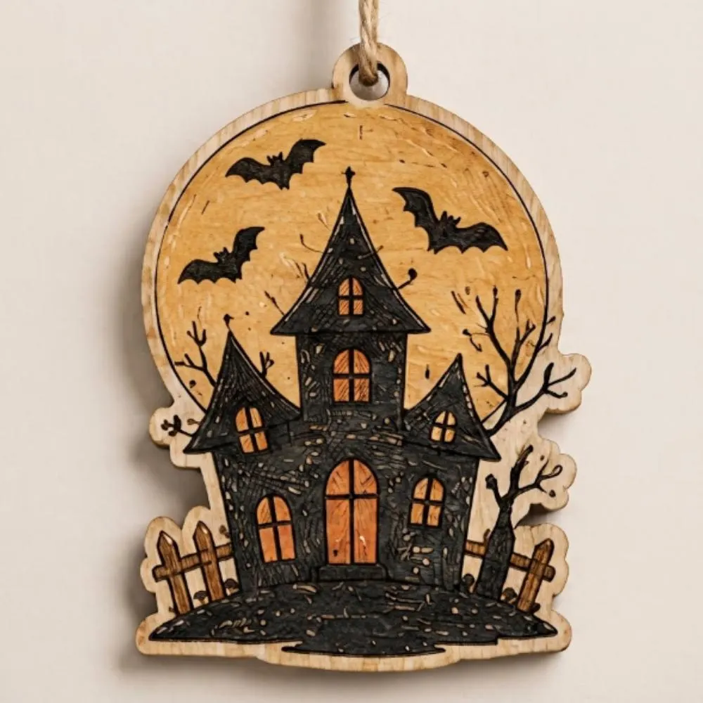 Haunted House Wooden Ornament, Spooky Halloween Decor, Laser Cut Wood Mansion with Bats, Rustic Gothic Tree Decoration YB1603