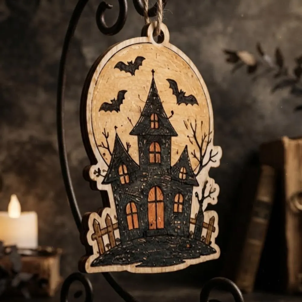 Haunted House Wooden Ornament, Spooky Halloween Decor, Laser Cut Wood Mansion with Bats, Rustic Gothic Tree Decoration YB1603 - Media 2