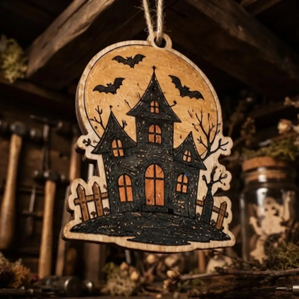 Haunted House Wooden Ornament, Spooky Halloween Decor, Laser Cut Wood Mansion with Bats, Rustic Gothic Tree Decoration YB1603 - Media 3