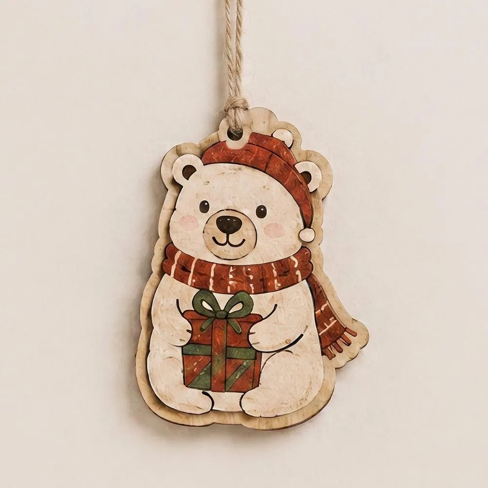 Wooden Polar Bear Christmas Ornament, Cute Bear Holding Gift Tree Decor, Rustic Winter Holiday Decoration, Handmade Kids Gift YB1603
