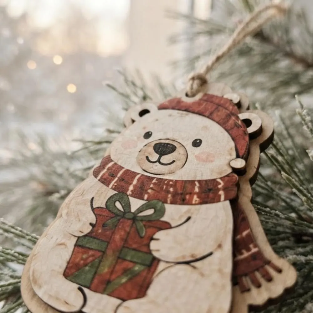 Wooden Polar Bear Christmas Ornament, Cute Bear Holding Gift Tree Decor, Rustic Winter Holiday Decoration, Handmade Kids Gift YB1603 - Media 2
