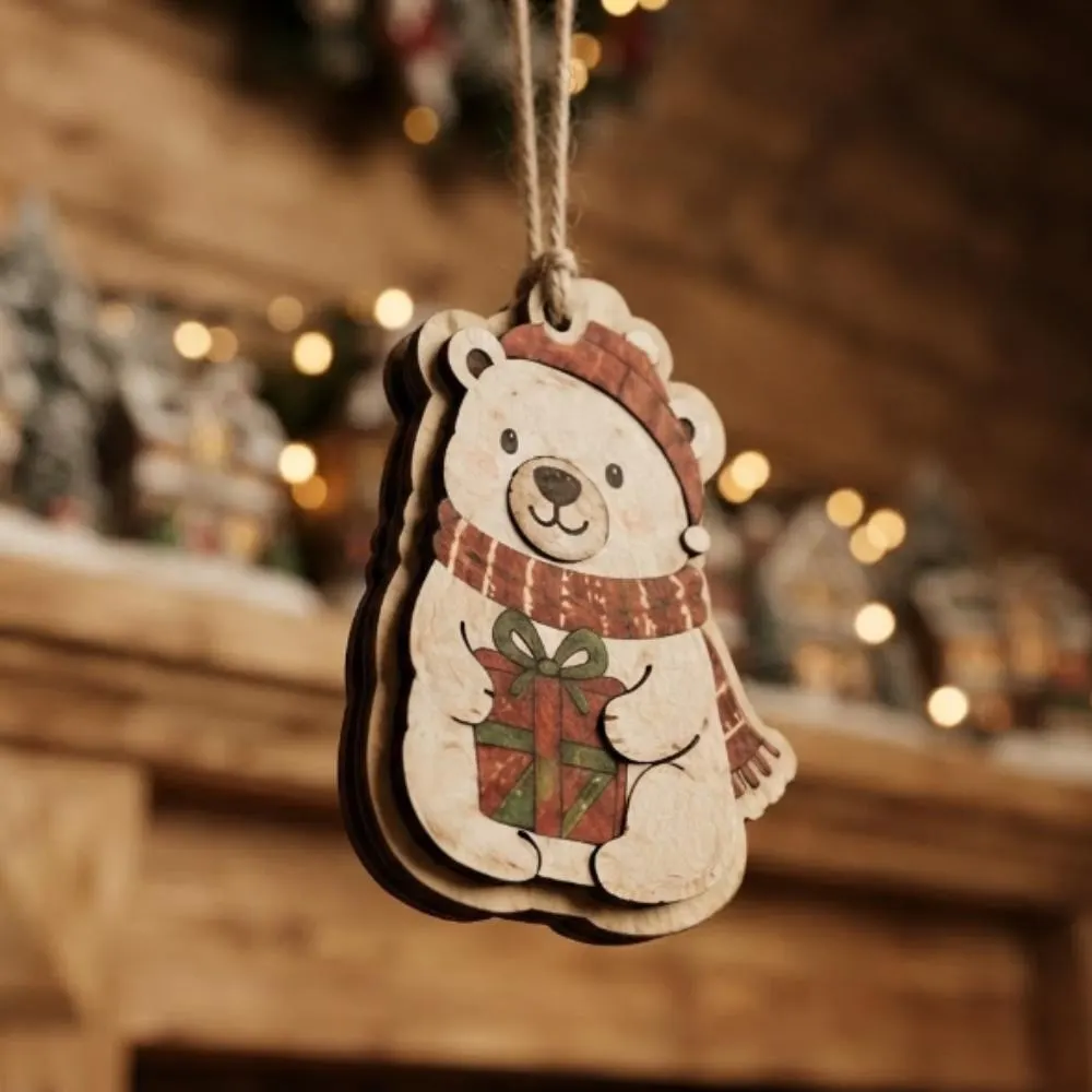 Wooden Polar Bear Christmas Ornament, Cute Bear Holding Gift Tree Decor, Rustic Winter Holiday Decoration, Handmade Kids Gift YB1603 - Media 3