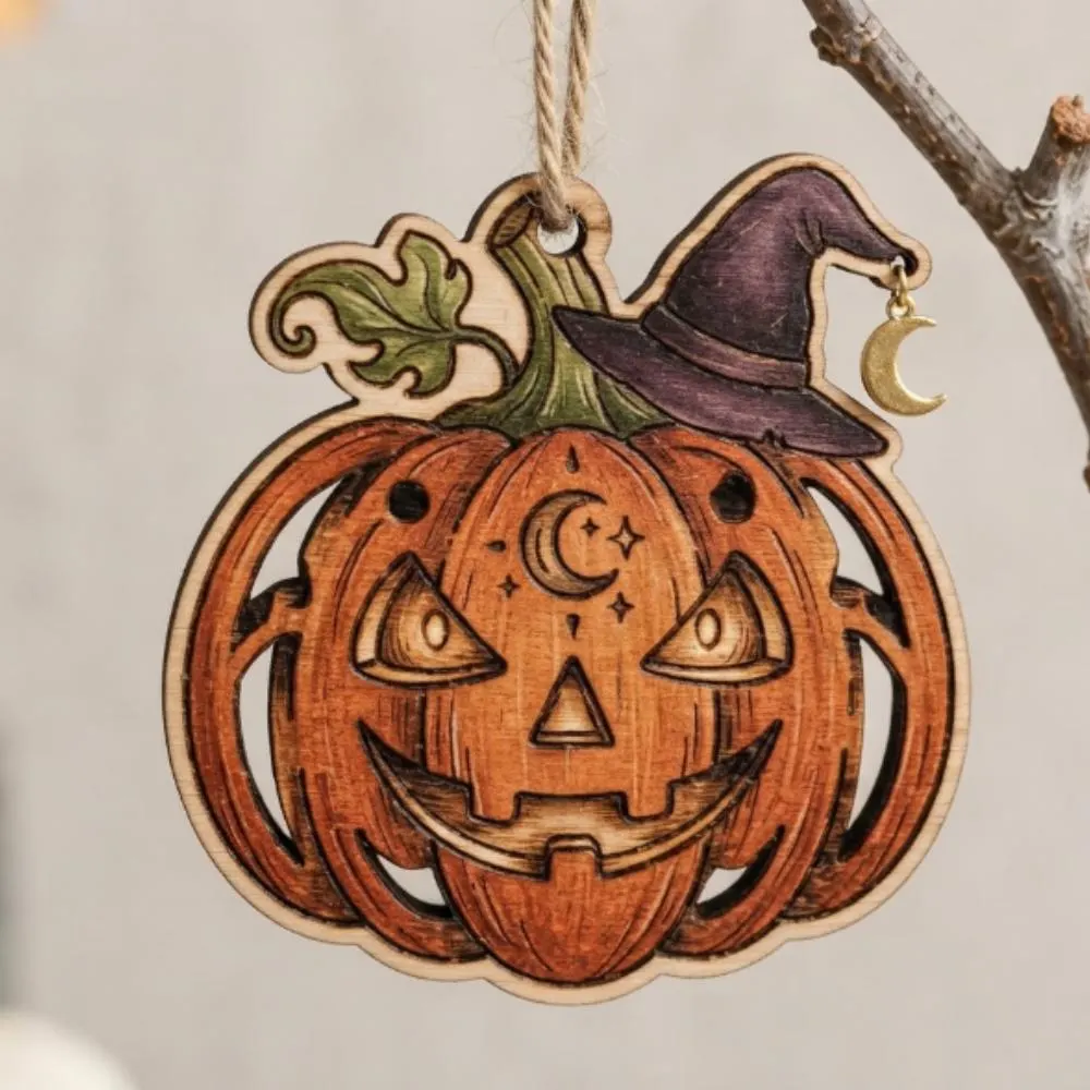 Witchy Pumpkin Wooden Ornament, Celestial Jack-o-Lantern with Moon Charm, Mystical Halloween Tree Decor, Spooky Season Gift YB1603