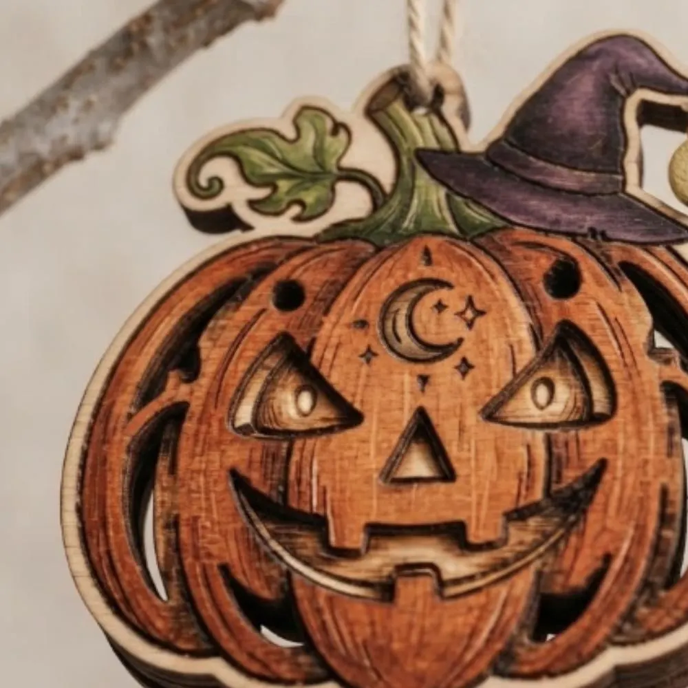 Witchy Pumpkin Wooden Ornament, Celestial Jack-o-Lantern with Moon Charm, Mystical Halloween Tree Decor, Spooky Season Gift YB1603 - Media 2
