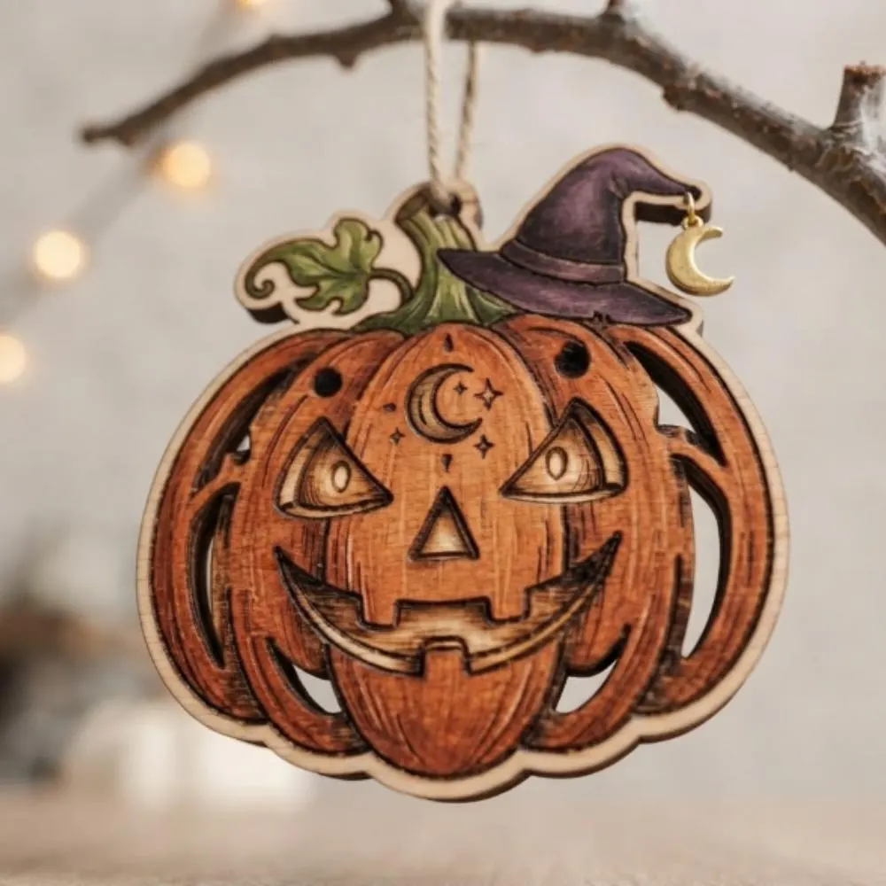 Witchy Pumpkin Wooden Ornament, Celestial Jack-o-Lantern with Moon Charm, Mystical Halloween Tree Decor, Spooky Season Gift YB1603 - Media 3
