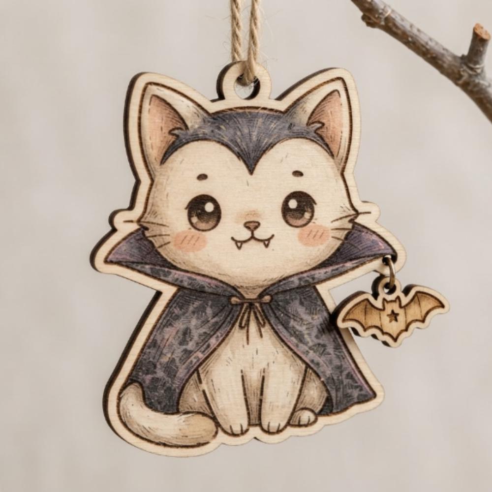 Vampire Cat Wooden Ornament, Spooky Cute Halloween Decor, Kawaii Kitten in Dracula Cape, Unique Gift for Cat Lovers YB1603