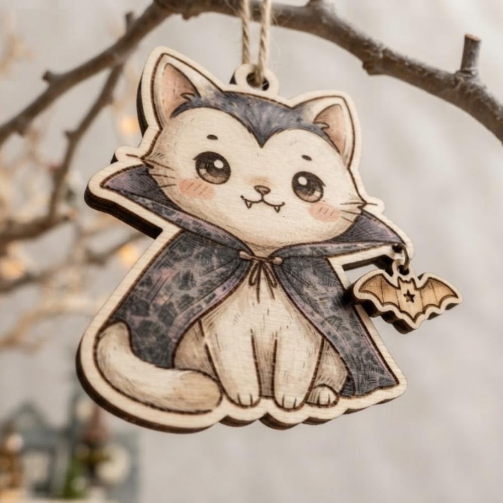 Vampire Cat Wooden Ornament, Spooky Cute Halloween Decor, Kawaii Kitten in Dracula Cape, Unique Gift for Cat Lovers YB1603 - Media 2