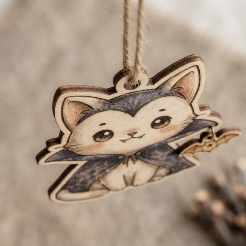 Vampire Cat Wooden Ornament, Spooky Cute Halloween Decor, Kawaii Kitten in Dracula Cape, Unique Gift for Cat Lovers YB1603 - Media 3
