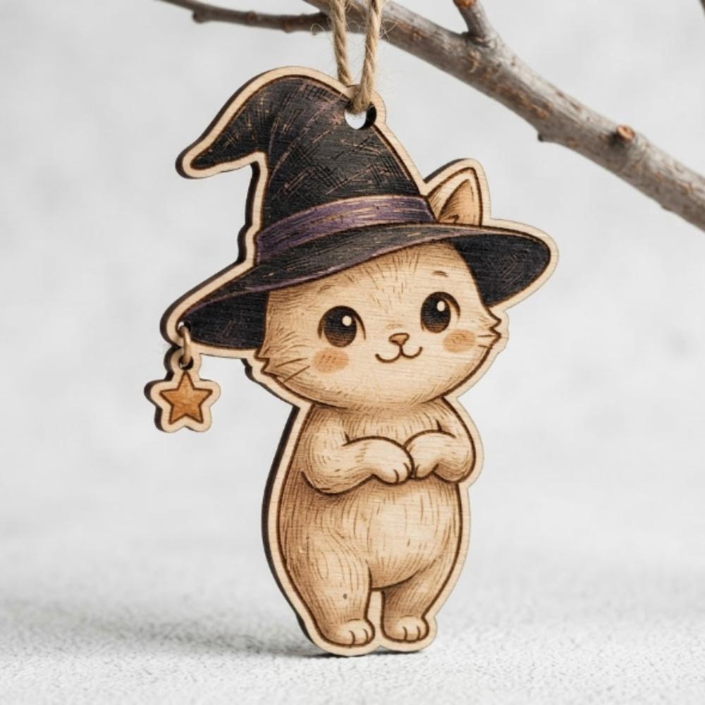 Whimsical Witch Cat Wooden Ornament, Spooky Cute Halloween Decor, Kawaii Kitten in Witch Hat, Unique Gift for Cat Lovers YB1603