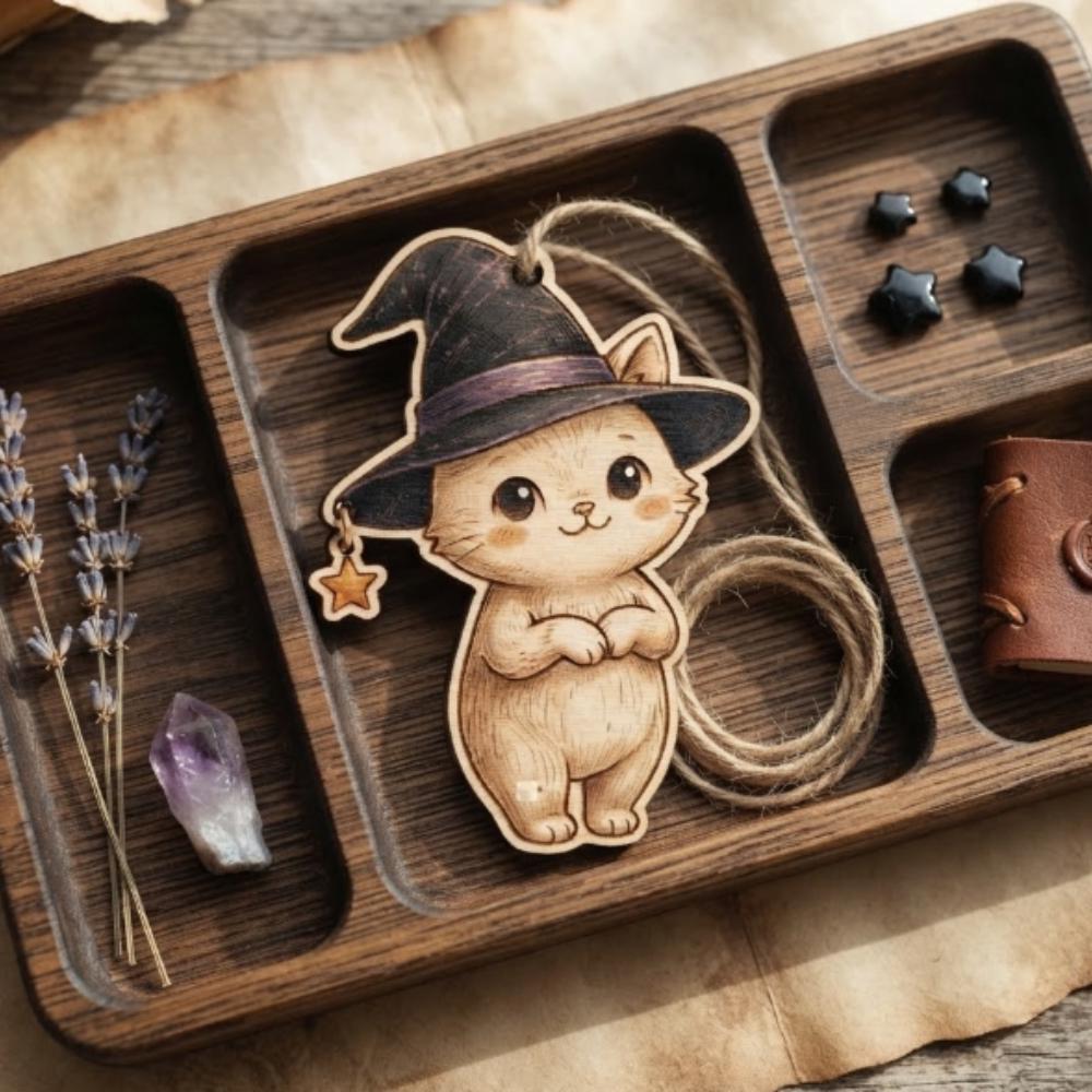 Whimsical Witch Cat Wooden Ornament, Spooky Cute Halloween Decor, Kawaii Kitten in Witch Hat, Unique Gift for Cat Lovers YB1603 - Media 2