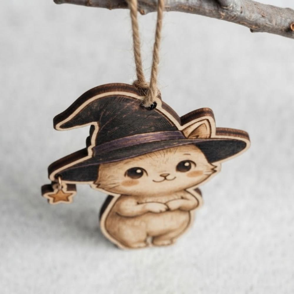 Whimsical Witch Cat Wooden Ornament, Spooky Cute Halloween Decor, Kawaii Kitten in Witch Hat, Unique Gift for Cat Lovers YB1603 - Media 3