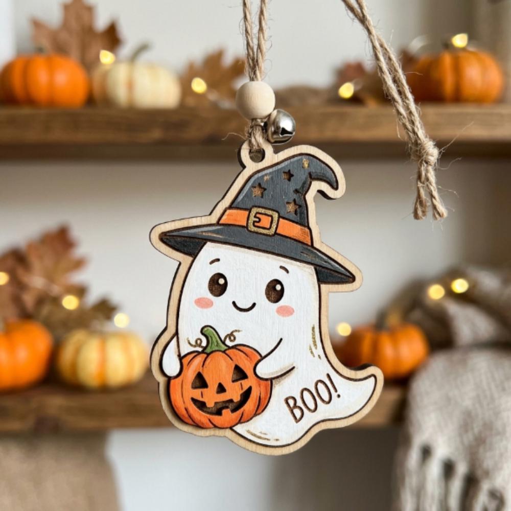 Cute Ghost Halloween Ornament, Wooden Witch Hat Ghost with Pumpkin, Boo Basket Stuffer for Kids, Whimsical Tiered Tray Decor YB1603