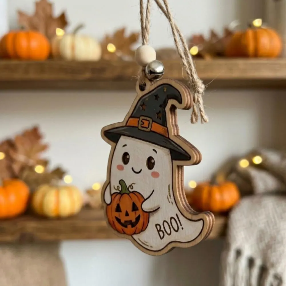 Cute Ghost Halloween Ornament, Wooden Witch Hat Ghost with Pumpkin, Boo Basket Stuffer for Kids, Whimsical Tiered Tray Decor YB1603 - Media 2