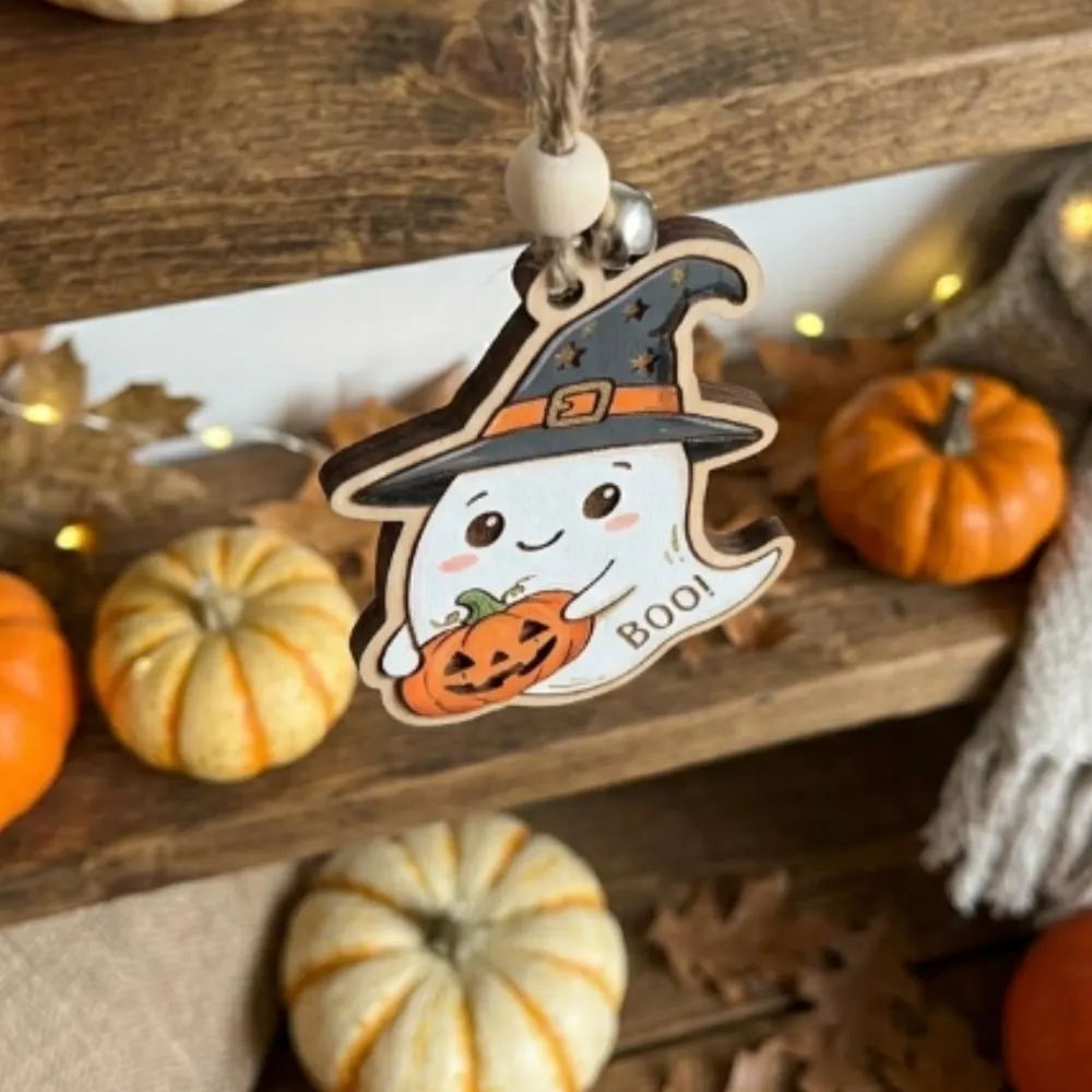 Cute Ghost Halloween Ornament, Wooden Witch Hat Ghost with Pumpkin, Boo Basket Stuffer for Kids, Whimsical Tiered Tray Decor YB1603 - Media 3