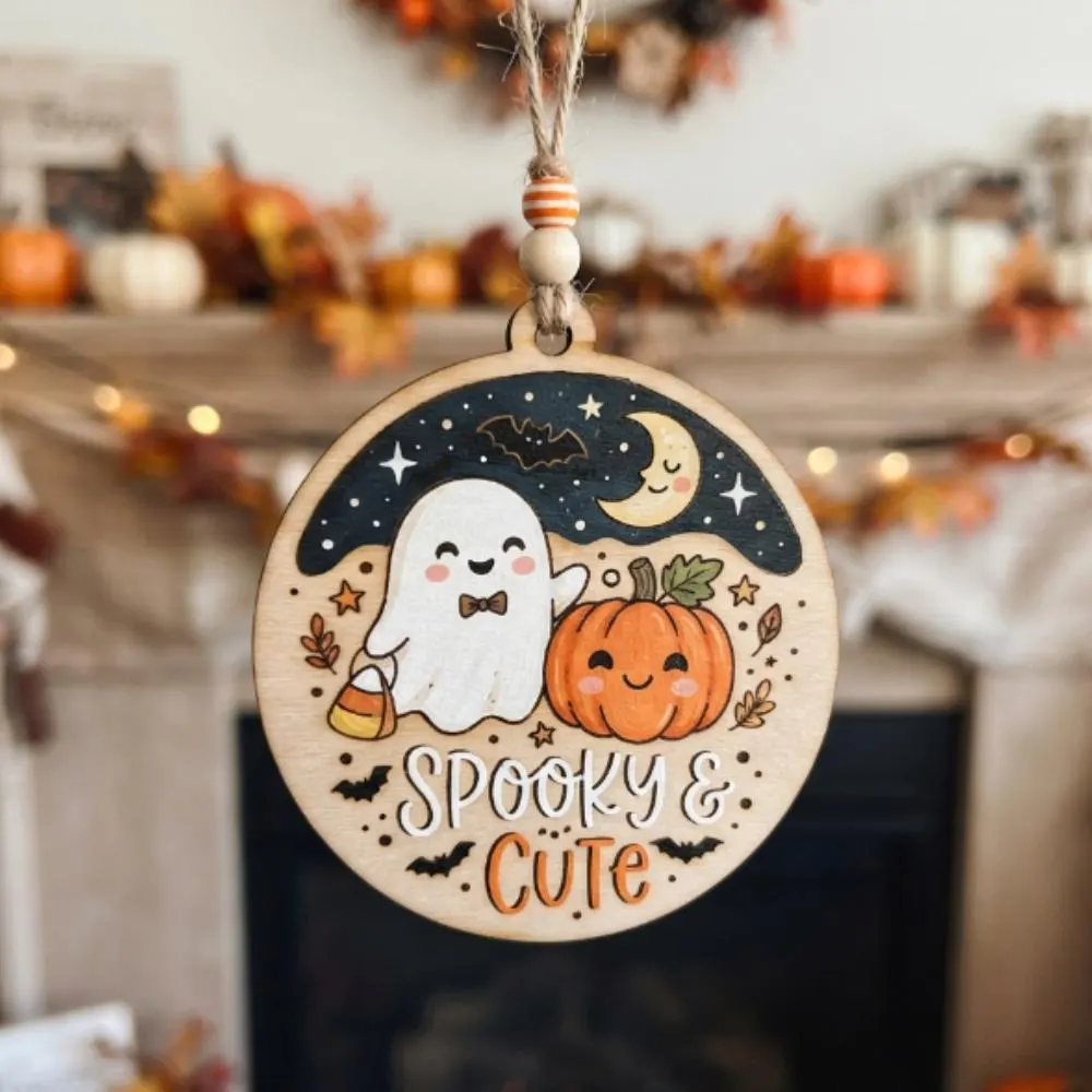 Spooky and Cute Wooden Halloween Ornament, Kawaii Ghost & Pumpkin Decor, Boo Basket Stuffer for Kids, Whimsical Tiered Tray Decor YB1603