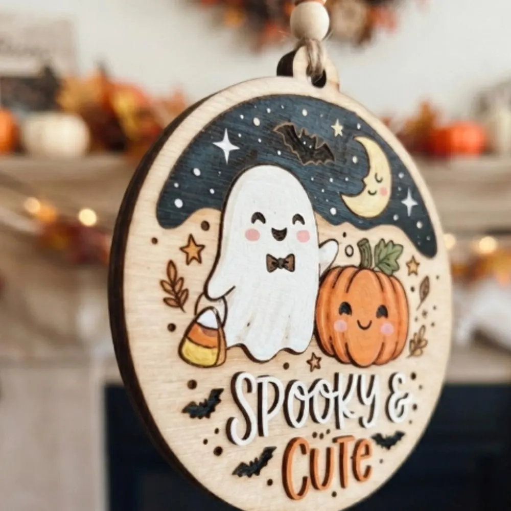 Spooky and Cute Wooden Halloween Ornament, Kawaii Ghost & Pumpkin Decor, Boo Basket Stuffer for Kids, Whimsical Tiered Tray Decor YB1603 - Media 2