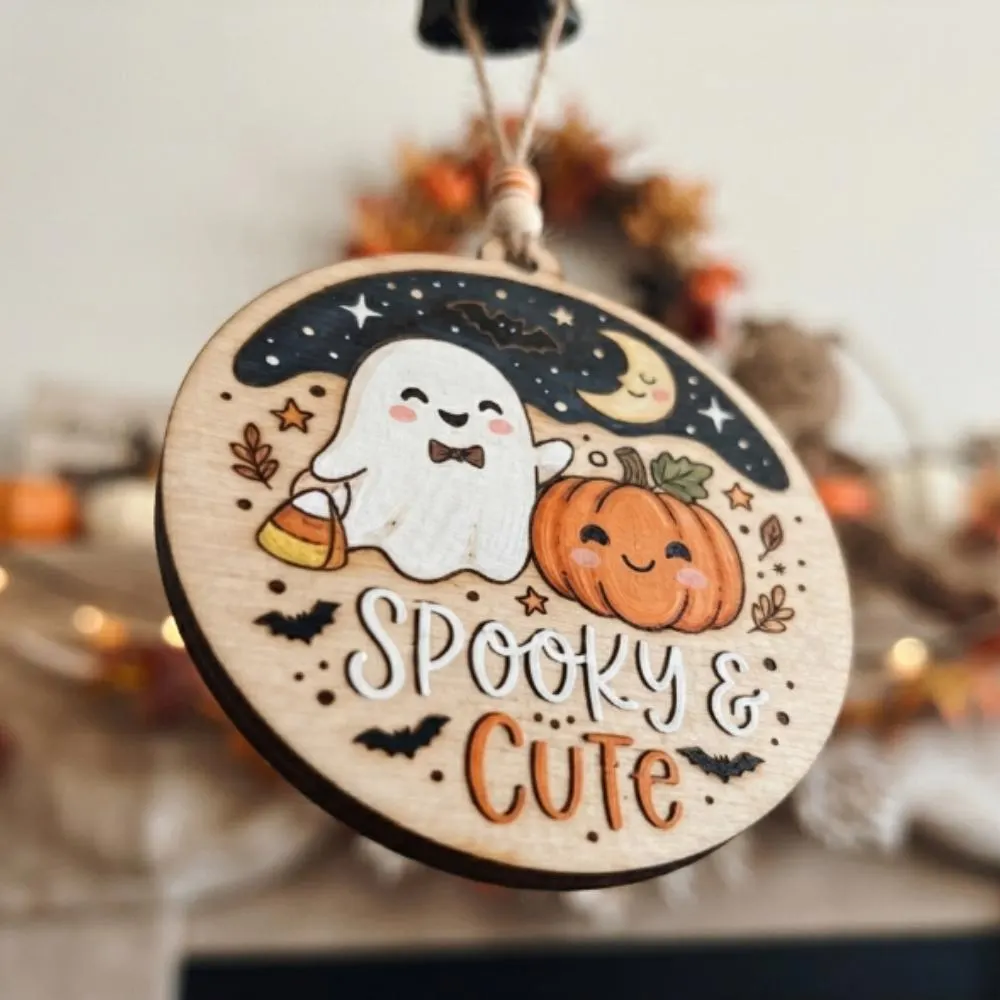 Spooky and Cute Wooden Halloween Ornament, Kawaii Ghost & Pumpkin Decor, Boo Basket Stuffer for Kids, Whimsical Tiered Tray Decor YB1603 - Media 3