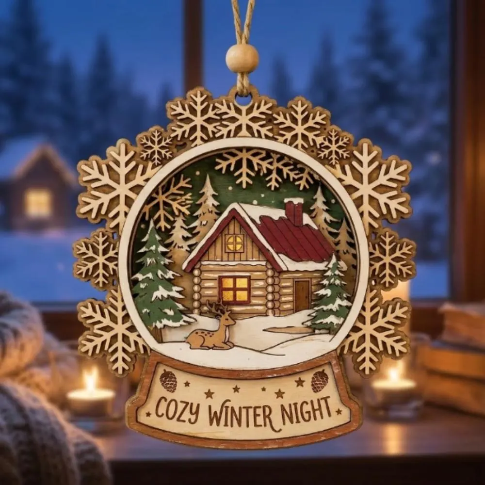 Personalized Wooden Winter Cabin Ornament, Custom Layered Wood Christmas Decoration, Cozy Winter Night Decor, Snowflake Deer Gift YB1603