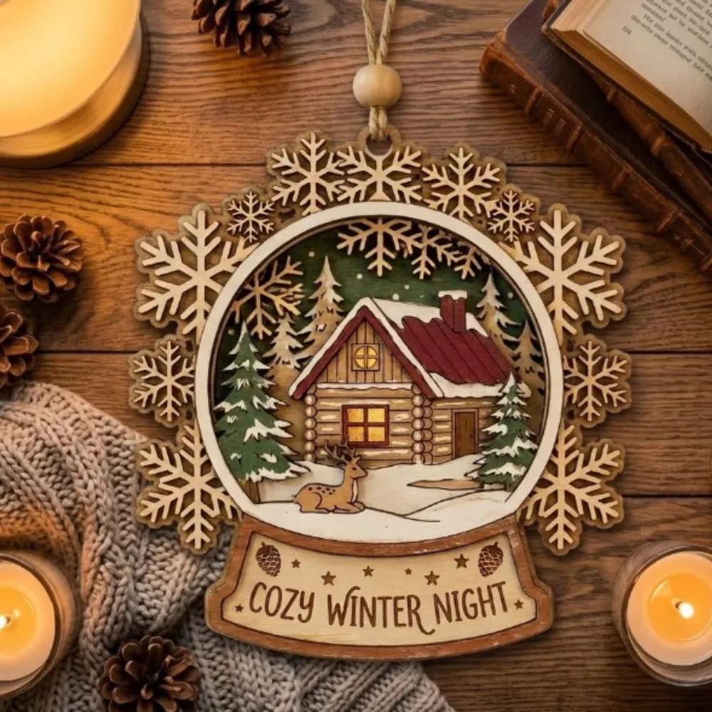 Personalized Wooden Winter Cabin Ornament, Custom Layered Wood Christmas Decoration, Cozy Winter Night Decor, Snowflake Deer Gift YB1603 - Media 2