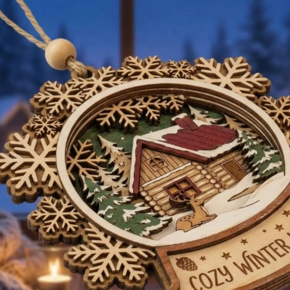 Personalized Wooden Winter Cabin Ornament, Custom Layered Wood Christmas Decoration, Cozy Winter Night Decor, Snowflake Deer Gift YB1603 - Media 3