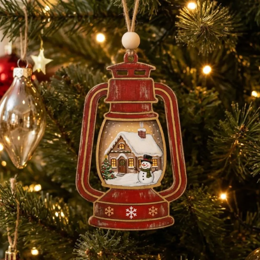Personalized Christmas Lantern Ornament, Custom Wooden Winter Cabin Decor, Rustic Snowman Tree Decoration, Wood Holiday Gift YB1603