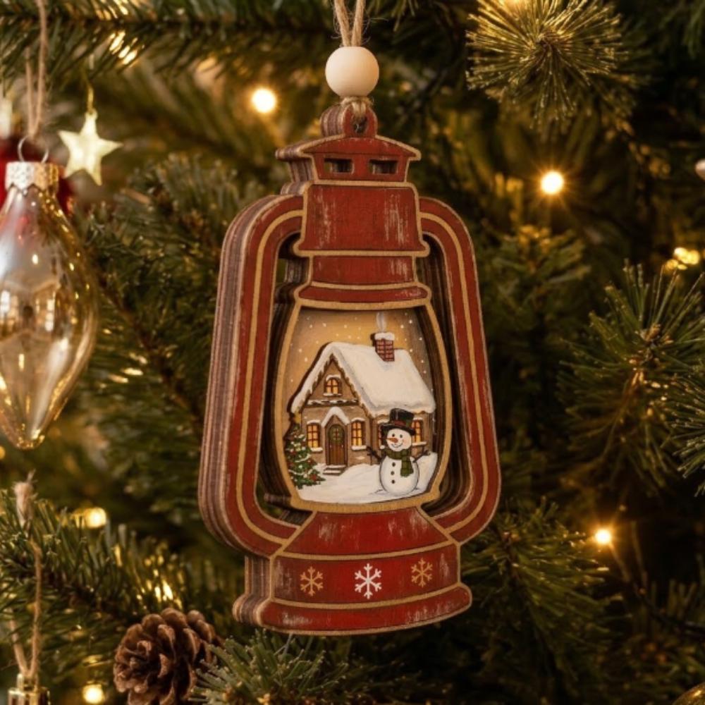 Personalized Christmas Lantern Ornament, Custom Wooden Winter Cabin Decor, Rustic Snowman Tree Decoration, Wood Holiday Gift YB1603 - Media 2