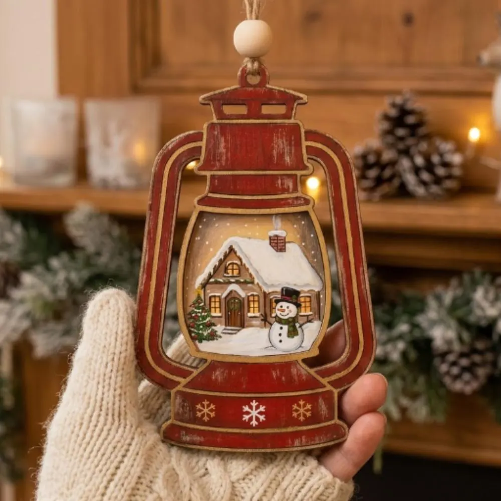 Personalized Christmas Lantern Ornament, Custom Wooden Winter Cabin Decor, Rustic Snowman Tree Decoration, Wood Holiday Gift YB1603 - Media 3