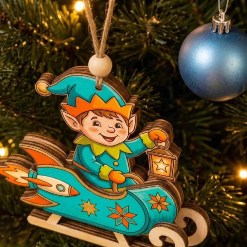 Personalized Christmas Elf Rocket Sled Ornament, Custom Name Wooden Rocket Sleigh, Holiday Keepsake, Whimsical Layered Wood Decor YB1603 - Media 2