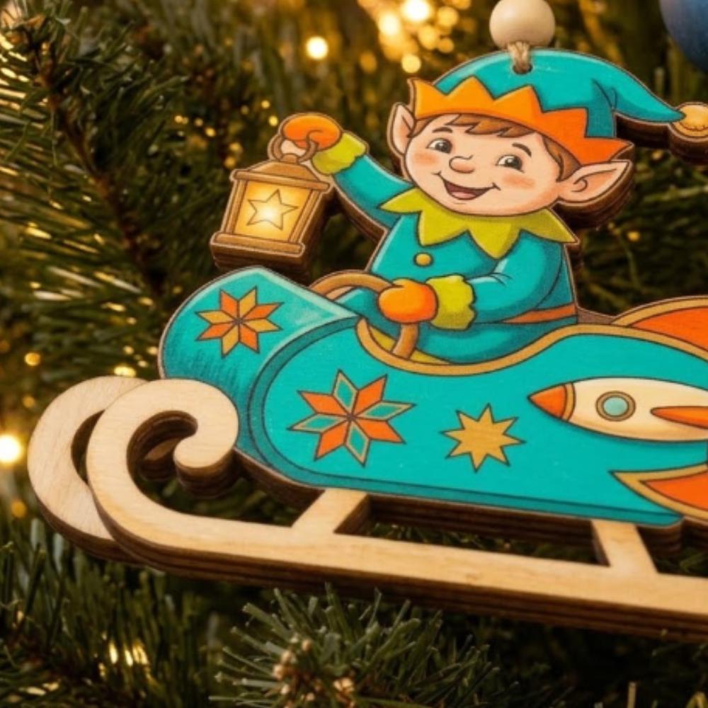 Personalized Christmas Elf Rocket Sled Ornament, Custom Name Wooden Rocket Sleigh, Holiday Keepsake, Whimsical Layered Wood Decor YB1603 - Media 3