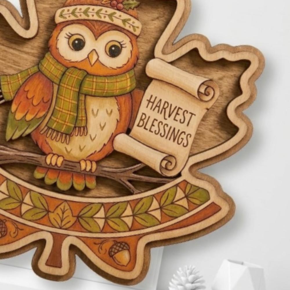 Personalized Fall Maple Leaf Owl Ornament, Harvest Blessings Wooden Decor, Layered Wood Art, Autumn Woodland Keepsake YB1603 - Media 2