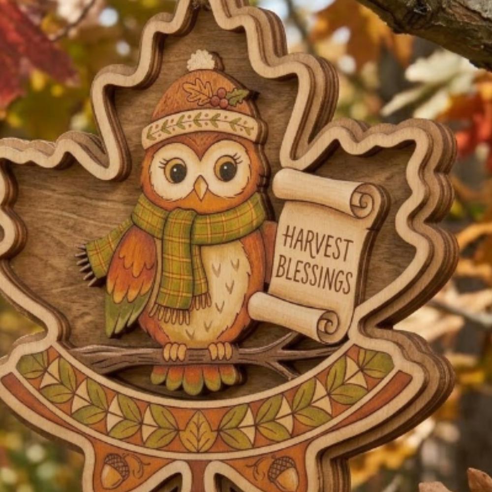 Personalized Fall Maple Leaf Owl Ornament, Harvest Blessings Wooden Decor, Layered Wood Art, Autumn Woodland Keepsake YB1603 - Media 3