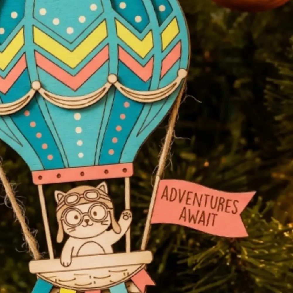 Personalized Hot Air Balloon Ornament, Custom Wooden Cat Pilot Decor, Adventures Await Nursery Gift, Kids Christmas Keepsake YB1603 - Media 2