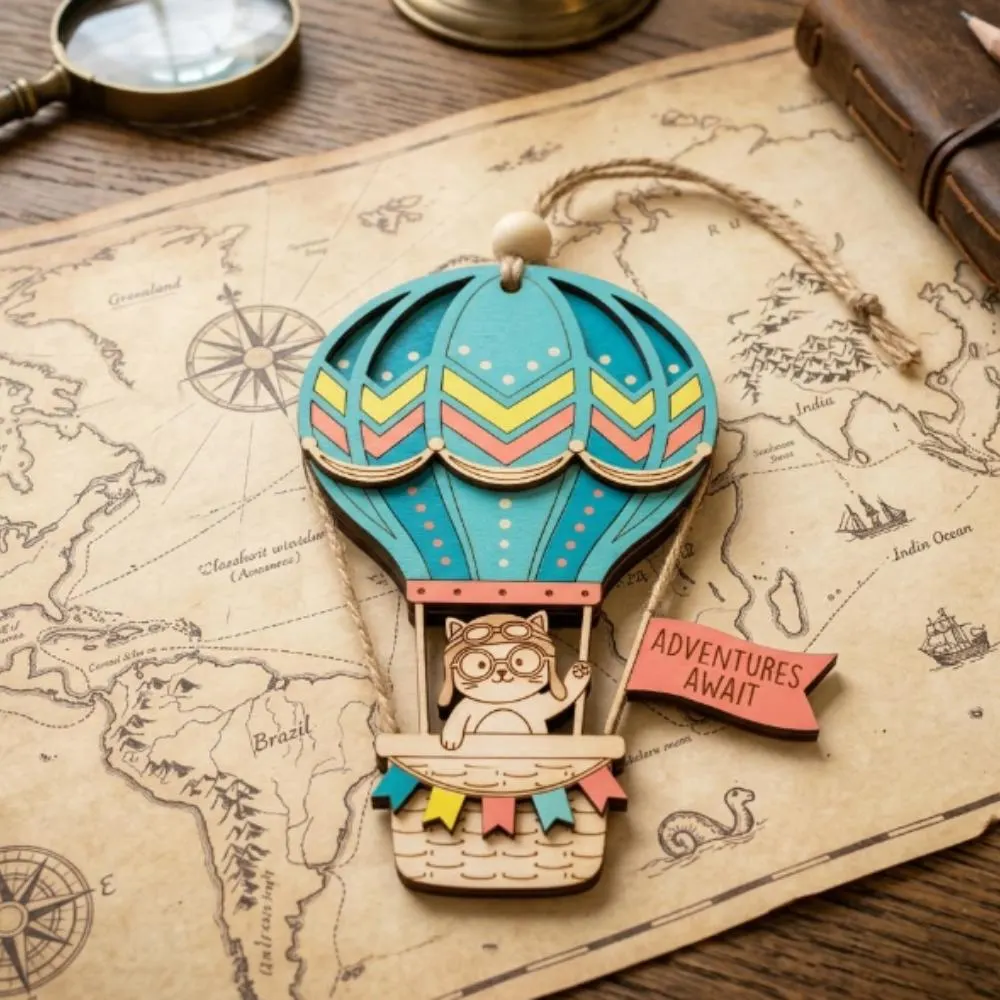 Personalized Hot Air Balloon Ornament, Custom Wooden Cat Pilot Decor, Adventures Await Nursery Gift, Kids Christmas Keepsake YB1603 - Media 3