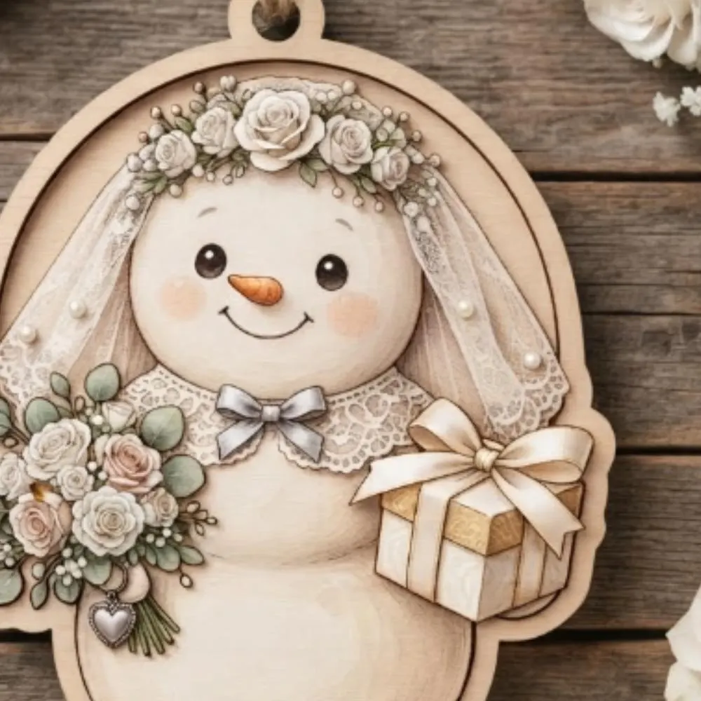 Our First Christmas Married Ornament, Personalized Snowman Bride Wood Decor, Custom Newlywed Gift, Winter Wedding Keepsake YB1603 - Media 2