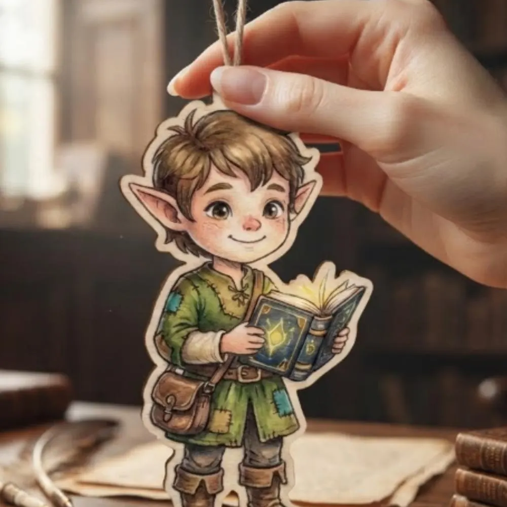 Personalized Bookworm Elf Wood Ornament, Magic Book Hobbit Reading Decor, Library Hanging Charm, Fantasy Reader Keepsake YB1603 - Media 3
