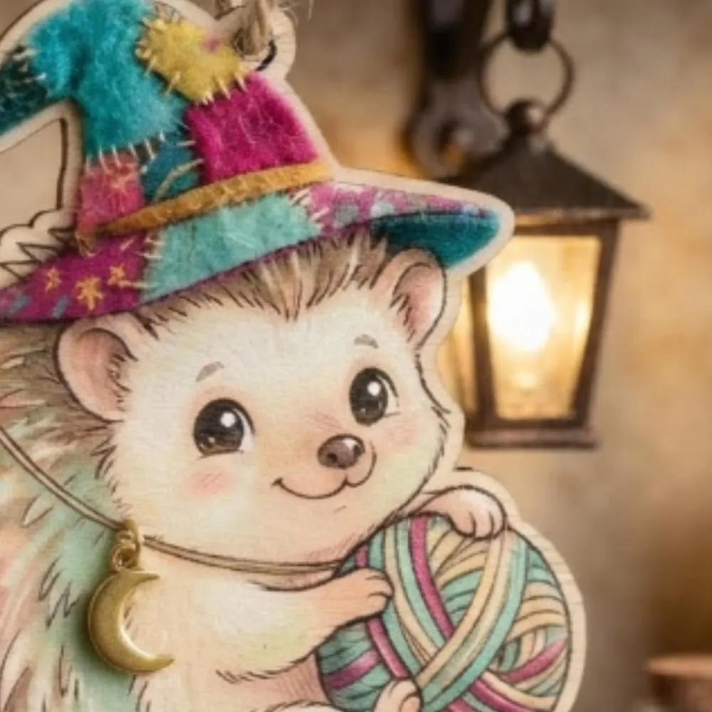 Hedgehog Wizard Wooden Ornament, Crochet Gift for Yarn Lovers, Whimsical Craft Room Decor, Fiber Artist Keepsake YB1603 - Media 2