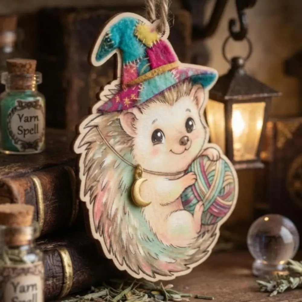 Hedgehog Wizard Wooden Ornament, Crochet Gift for Yarn Lovers, Whimsical Craft Room Decor, Fiber Artist Keepsake YB1603 - Media 3